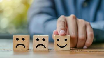 AI generated Hand flipping cube with faces expressing emotions, concept for change from negative to positive thinking. photo