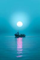 AI generated Serenity at sea Ship silhouetted against setting sun with tranquil waters. Ideal for tranquil themes and nature backdrops. photo