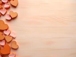 AI generated Lovely wooden backdrop with colorful heart cutouts on side, ideal for Valentine's backgrounds or romantic designs. photo