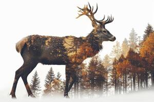 AI generated Majestic stag double exposure with autumn forest landscape, perfect for art and nature themes. photo