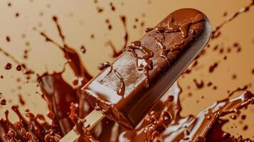 ai generado decadente chocolate hielo crema bar salpicaduras dentro Rico cacao líquido, capturar indulgencia y dulce deleitar. foto