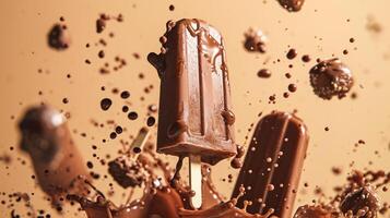 AI generated Melted chocolate ice cream bars with splashes, dynamic and indulgent dessert imagery. photo