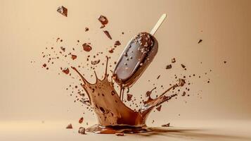 AI generated Dynamic chocolate ice cream splash with flying pieces on a creamy backdrop, capturing indulgence and flavor. Perfect for dessert ads. photo