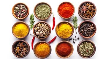 AI generated Vibrant array of spices in bowls, isolated on white. Perfect for culinary themes, food blogs, and recipe backdrops. photo