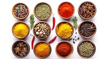 AI generated Vibrant array of spices in bowls, isolated on white. Perfect for culinary themes, food blogs, and recipe backdrops. photo