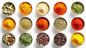 AI generated Vibrant array of spices and herbs in small bowls, top view. Perfect for culinary themes, texture and background. photo