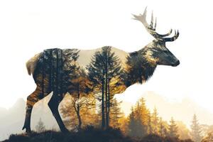 AI generated Mystical double exposure elk with forest and mountains, perfect for artistic and nature themes. photo