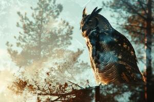 AI generated Majestic owl overlaid with serene forest scene, perfect for nature-themed projects and decor. photo