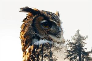 AI generated Majestic owl double exposure with forest trees at dusk, ideal for creative nature themes and mystical designs. photo