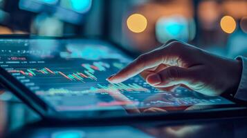 AI generated Close-up of hand analyzing financial data on tablet. Modern trading concept. photo