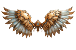 AI generated white gold mechanical robot wings isolated on transparent background, generative ai png