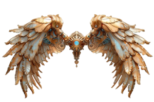 AI generated white gold mechanical robot wings isolated on transparent background, generative ai png