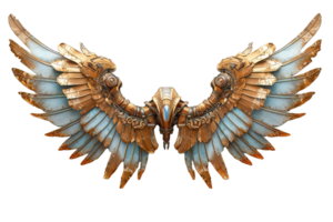 AI generated white gold mechanical robot wings isolated on transparent background, generative ai png