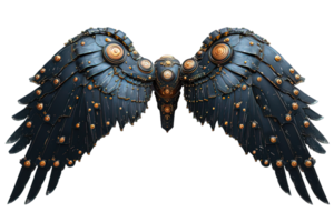 AI generated black robot wings isolated on transparent background, black mechanical bird wings, generative ai png