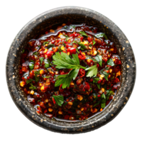 AI generated Indonesian traditional chili sauce dish in a stone bowl isolated on transparent background ,generative ai png