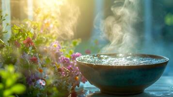 AI generated Warm Sunlight Filters through Mist Above a Floral Bowl photo