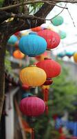 AI generated Colorful Lanterns Hanging from an Old Tree photo