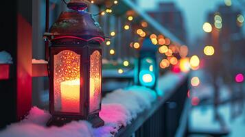 AI generated Warm Glow of a Lantern in the Snowy Twilight photo