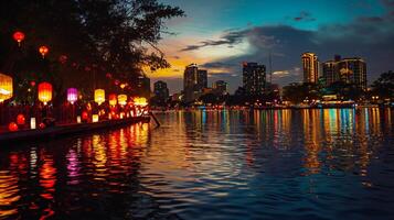 AI generated Twilight Serenity by the Lakeside with Illuminated Lanterns photo