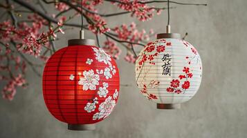 AI generated Red and White Lanterns Complement Blooming Cherry Blossoms photo