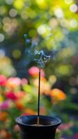 ai generado solitario incienso palo en medio de lozano jardín verduras foto