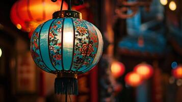 AI generated Blue Lantern with Intricate Patterns Lights up the Alley photo