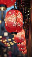 AI generated Vibrant Red Lanterns Adorn Evening Street Scene photo