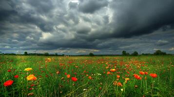 AI generated Vibrant Field of Poppies Under Ominous Stormy Skies photo