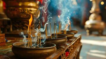 AI generated Mystical Blue Smoke Rising from Dark Incense Bowl photo