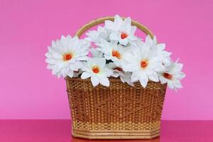 Beautiful white DIY handmade artificial flowers in basket. Concept, Flowers for decoration, gifts for congratulations on various special occasions, handicrafts. Pink background. photo