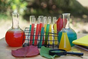 Colorful chemical substances in glass test tubes. Concept, science experiment, Chemistry lesson. Lab. Extract color. science subject,Project work. photo