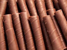 chocolate wafer rolls in the row on white background. photo