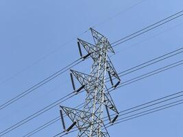 high voltage power lines against the blue sky. photo