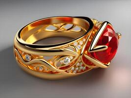 AI generated Gold ring with red gemstones isolated on gay background, closeup photo