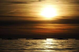 fish farm in ligurian mediterranean breeding sea bream at sea view at sunset photo