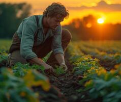 AI generated Farmer looks after his crops at sunset. Man kneeling on a farm and planting vegetables photo