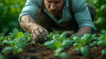 AI generated Farmer planting young seedlings of lettuce salad in the vegetable garden. Man planting small plants in the dirt photo