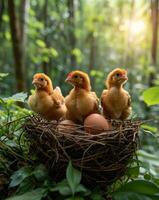 ai generado Tres pequeño pollos son sentado en el nido con huevos en el natural bosque fondo,concepto de nuevo vida foto