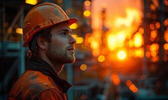 AI generated Portrait of worker in protective workwear. Man silhouette in an orange hard hat with an oil rig in the background photo