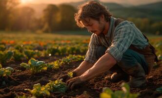 AI generated Farmer kneels in field planting row of vegetables. Man kneeling on a farm and planting vegetables photo