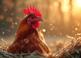 AI generated Beautiful rooster sits on hay in the rays of the rising sun photo