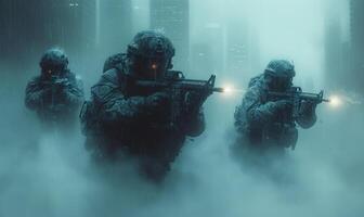 AI generated Three swat soldiers stand in the smoke and fire on the enemy. Group of soldiers are in action in a large city building photo