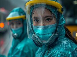 ai generado asiático mujer vestir impermeable y máscara a proteger en contra el virus foto