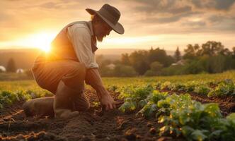 AI generated Farmer is working in the field at sunset. Man kneeling on a farm and planting vegetables photo