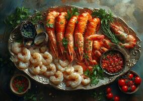 AI generated Delicious seafood platter with rich selection of fresh prawns oysters and mussels in sauces and garnish with fresh herbs photo