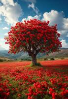 AI generated Beautiful red flowering tree in the middle of poppy field. Large red apple tree on a green field photo