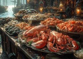 AI generated Seafood on ice at the fish market. Many seafoods on a platter on a table photo