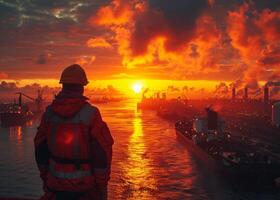 AI generated Shipbuilding engineer looking at the sunset. An oil worker looks out over the water and sunset, photo