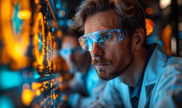 AI generated Man looks at screen in lab. Pair of scientists are studying computer screens in a laboratory photo