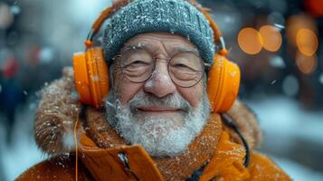 AI generated Senior man listening to music on headphones in the city at winter time photo